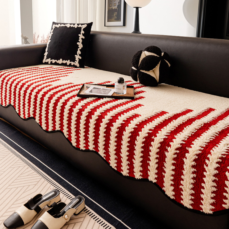 Otoño e invierno engrosado cojín de sofá de peluche 2025 nuevo tipo de forma especial línea recta cojín antideslizante toalla cubierta de sofá todo incluido