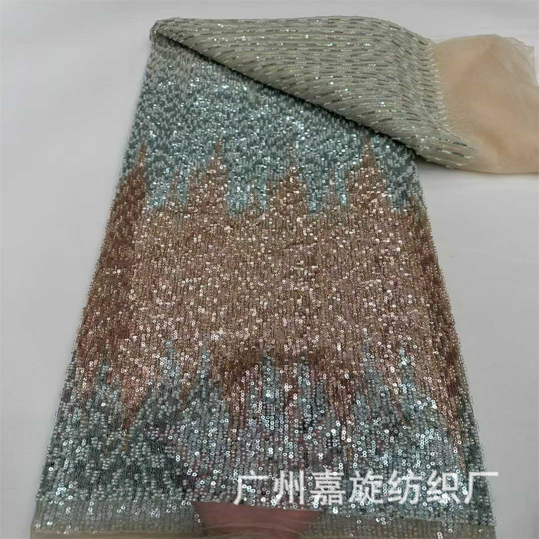 Tela de malla resistente con cuentas en degradado negro y dorado, vestido de novia con cuentas, vestido de noche, tela de encaje con cuentas.