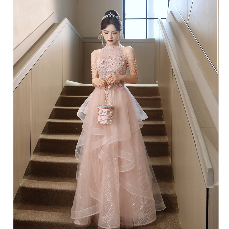 Host Art Test Evening Dress Dress Women's High-end Light Luxury Niche High-end Sense Pink Engagement Toast Dress Bridal Morning Gown