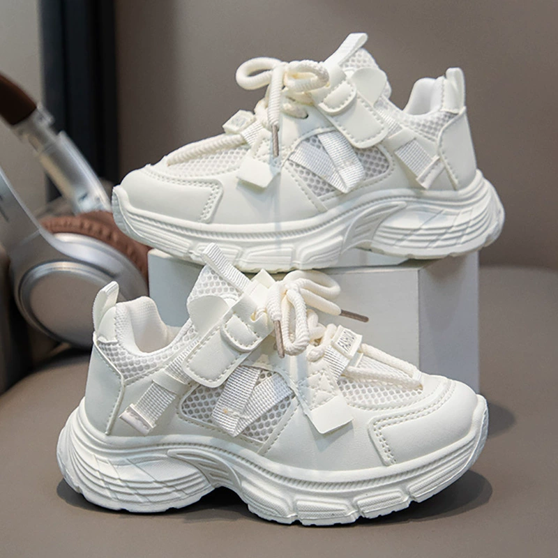 Детские белые туфли, спортивная обувь для девочек, осенние новые дышащие сетчатые туфли в корейском стиле, универсальные туфли для папы на мягкой подошве для маленьких девочек.
