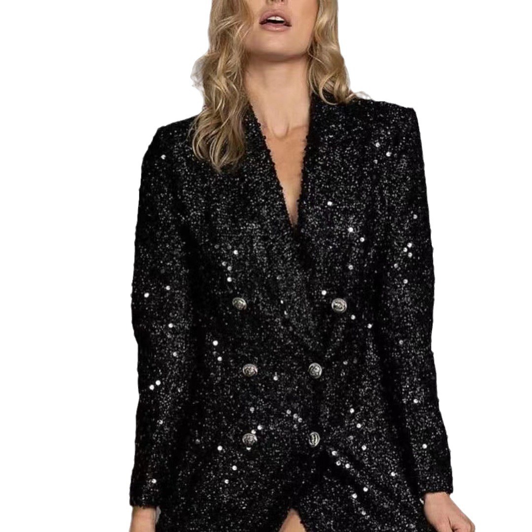 Saco Elegante de Doble Botonadura para Mujer con Lentejuelas en Mezcla Sintética para Primavera