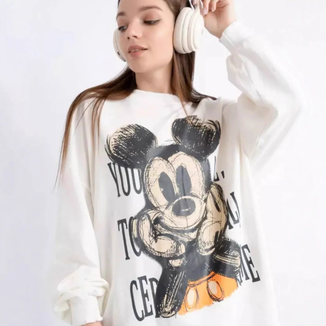 100% Pure Cotton Long-Sleeved T-Shirt with Cuffs, European and American Style Street Style, Personalized Cartoon Cute Mickey Print, Lazy Style Top