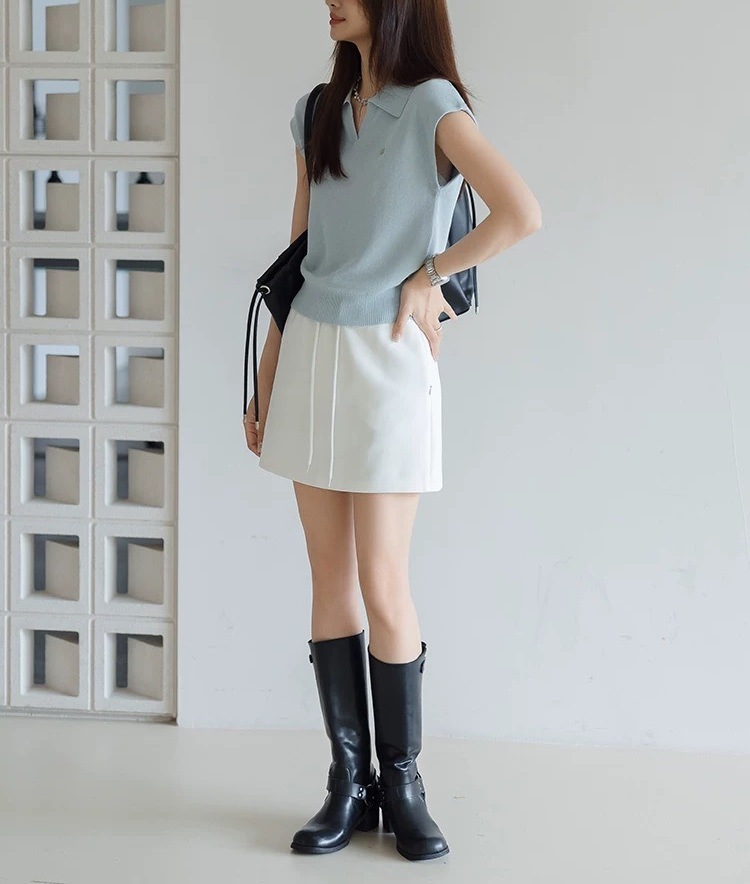Áo polo nữ ngắn tay cổ bẻ chất liệu linen pha sợi dệt kim — màu đen chi tiết 4