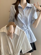 大码韩版气质翻领不规则收腰显瘦短袖衬衫女夏季新款胖MM别致上衣