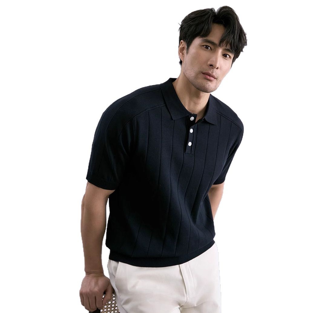 Verano nuevo suéter de punto de seda de hielo de manga corta camisa POLO para hombre camiseta de negocios delgada a rayas comercio exterior al por mayor transfronterizo image 6