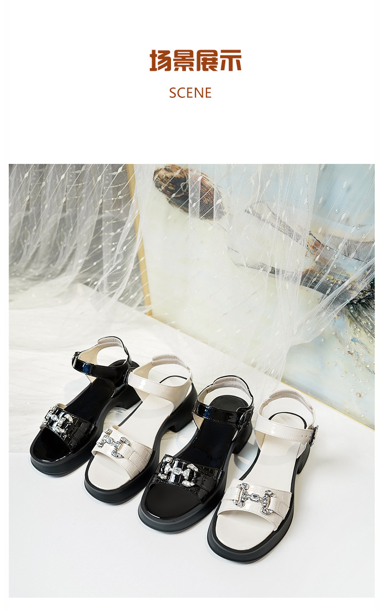 Sandal cao gót nữ da bò đế dày quai ngang đính đá — màu đen chi tiết 20