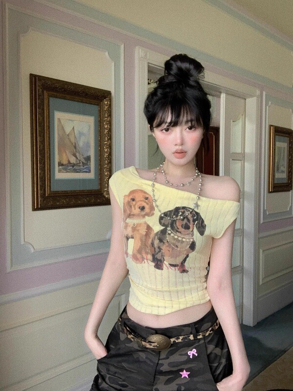 Pure Lust ワンショルダー パピープリント 半袖 Tシャツ レディース 夏 スリムフィット シックで美しいショートトップス イン|undefined