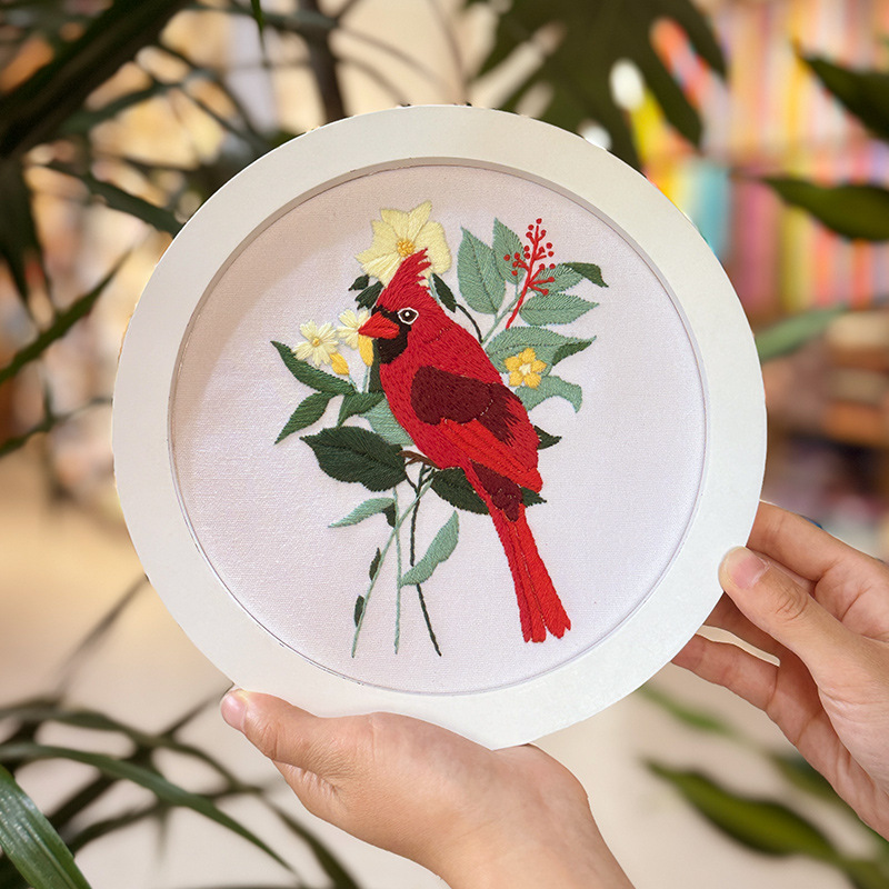 Lu bordado cardenales cuadros colgantes paquete de material de bricolaje bordado a mano flores tridimensionales pájaro animal tela tela punto de cruz pintura pequeña