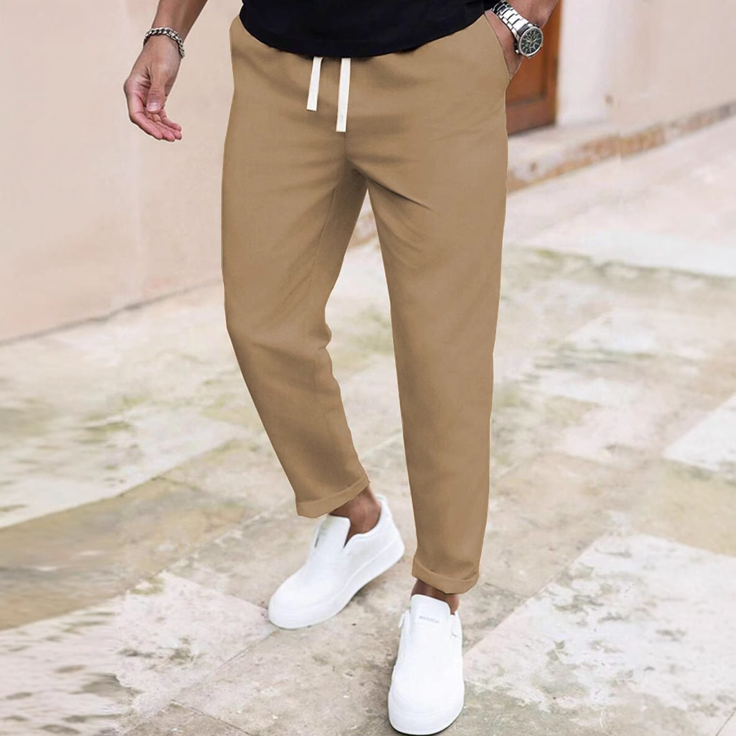 "Men's Slim Fit Casual Pants - Solid Color Drawstring Waist, Lightweight Polyester For Everyday Comfort & Street Style"_viptrois.com