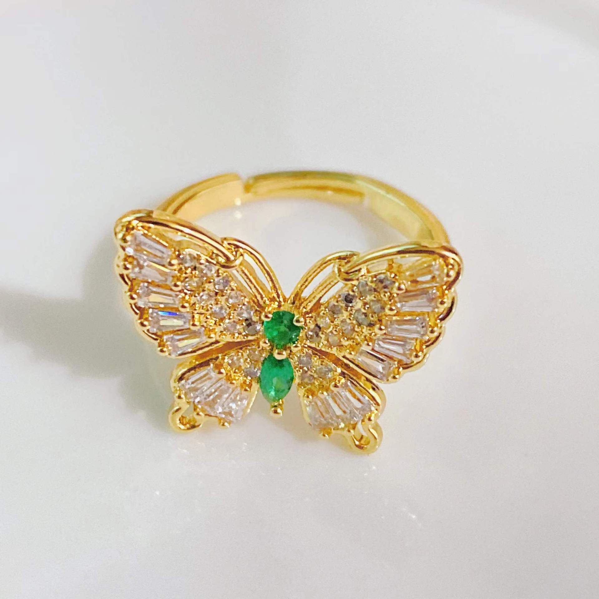 European and American fashion trend ring 18k gold plated zircon butterfly open female ring