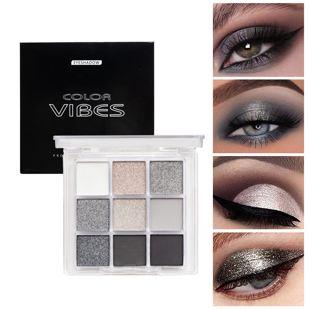 Border oscuro punk ahumado nueve colores paleta de sombras de ojos blanco y negro gris metal nacarado plateado mate maquillaje de escenario de fiesta