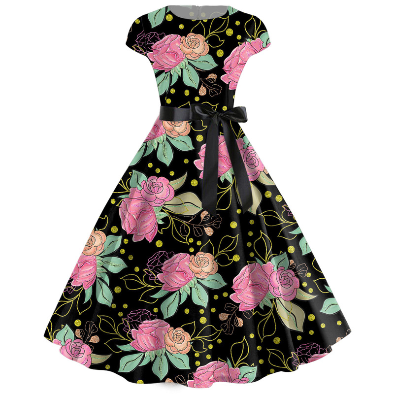 New Hepburn Elegant Hong Kong Style Retro 50 s Sense Slim Women's Elegant Printed Waisted Dress