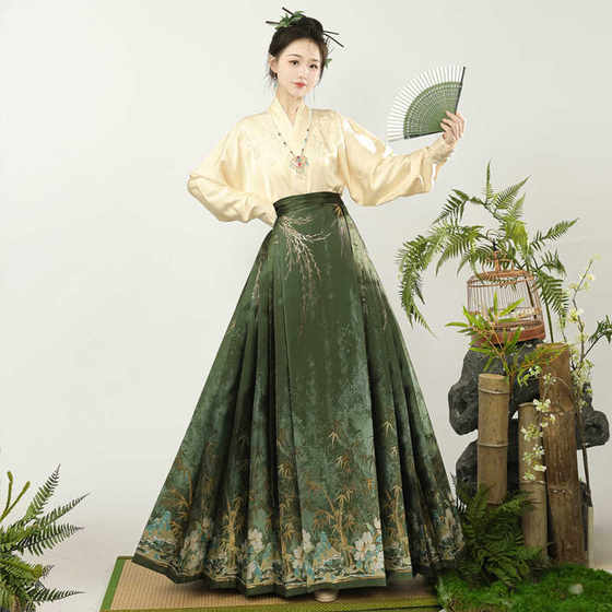 Luo Zhu [Bamboo Shadow] Ming-made Hanfu Women's Weaving Gold Makeup Flower Horse-faced Skirt Aircraft Sleeve Improved Hanfu Daily