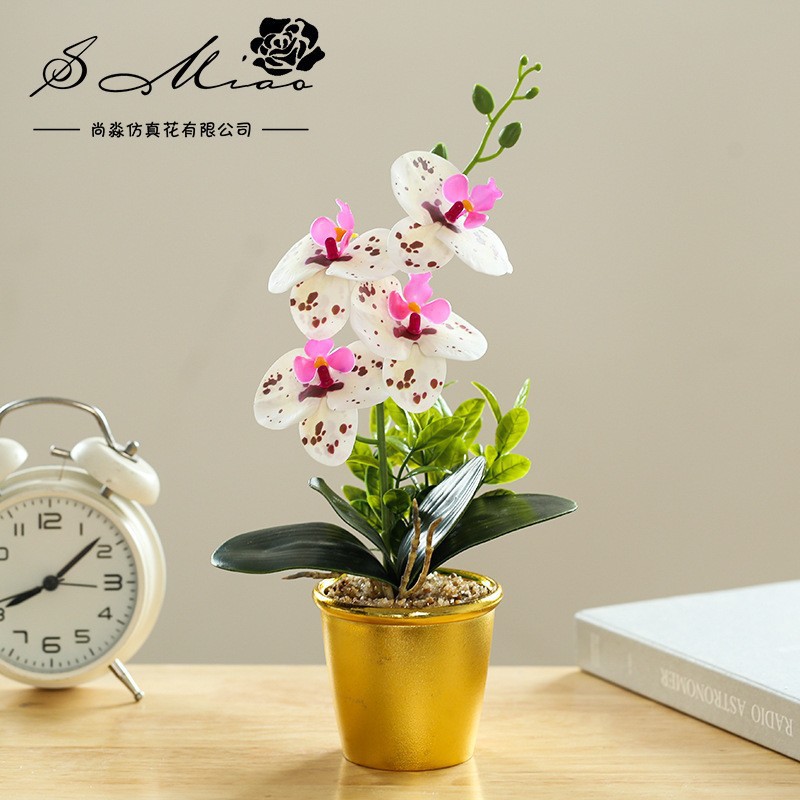 Orquídea de mariposa de tres cabezas de flores falsas bonsai estilo nórdico decoración interior flores artificiales imitación de maceta image 13