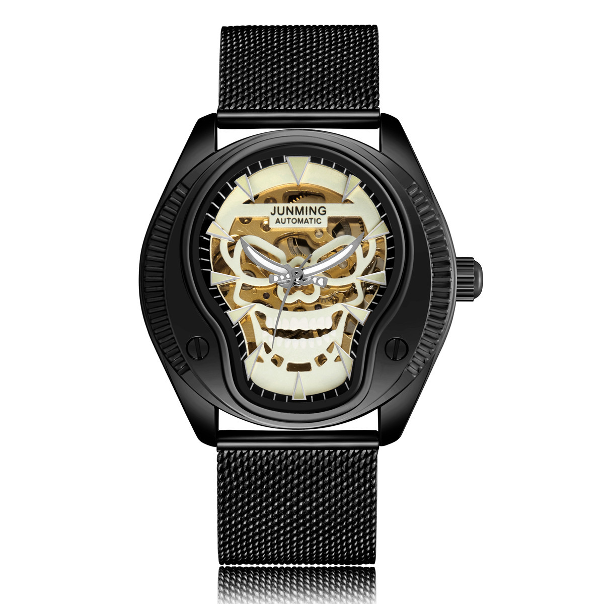JUNMING Suiza productos genuinos moda impermeable reloj de los hombres correa de acero luminoso reloj mecánico automático cráneo hueco