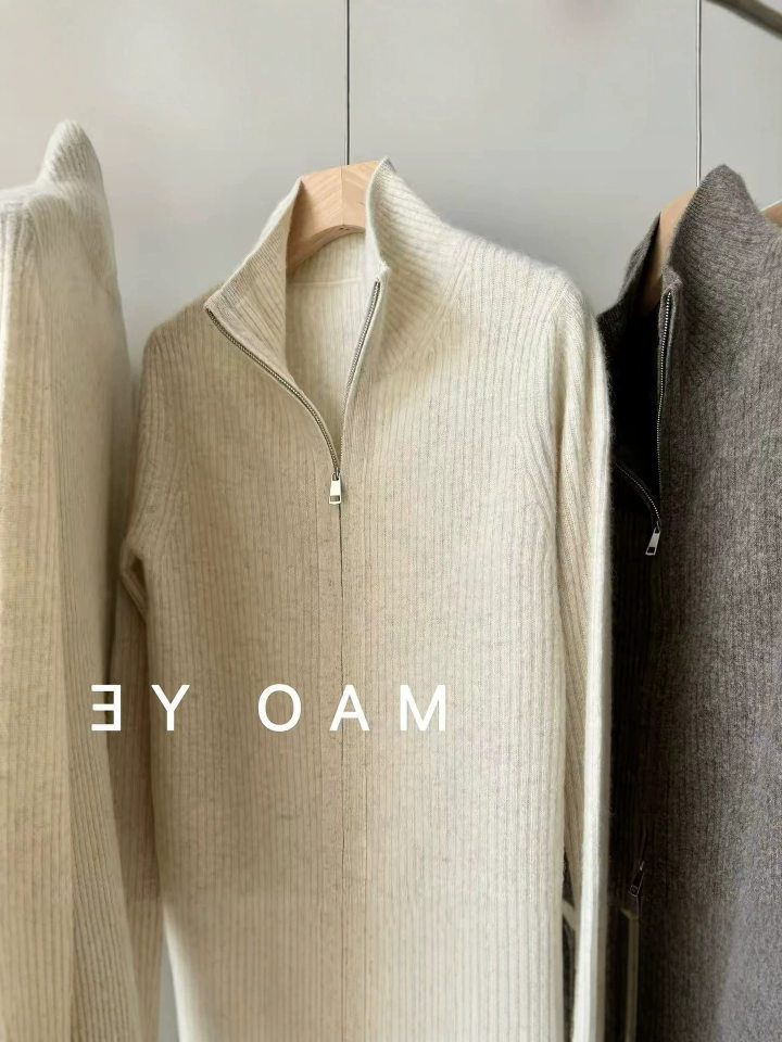 Áo khoác cardigan len lông cừu nguyên chất dài tay cổ bán cao, khóa kéo đôi, sọc gân dọc tôn dáng — Màu cà phê, Màu tự nhiên, màu đen