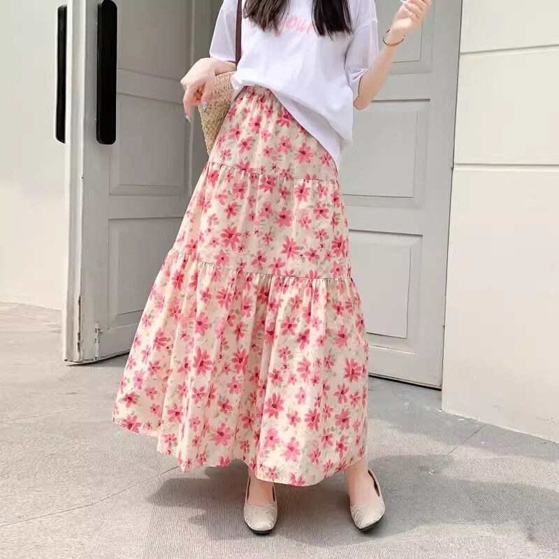 2026 Floral Print Skirt for Women, New Summer Style, High-Waisted, Slimming, Versatile, Loose Fit, Hip-Covering, A-Line, Large Hem, Korean Style Long Skirt