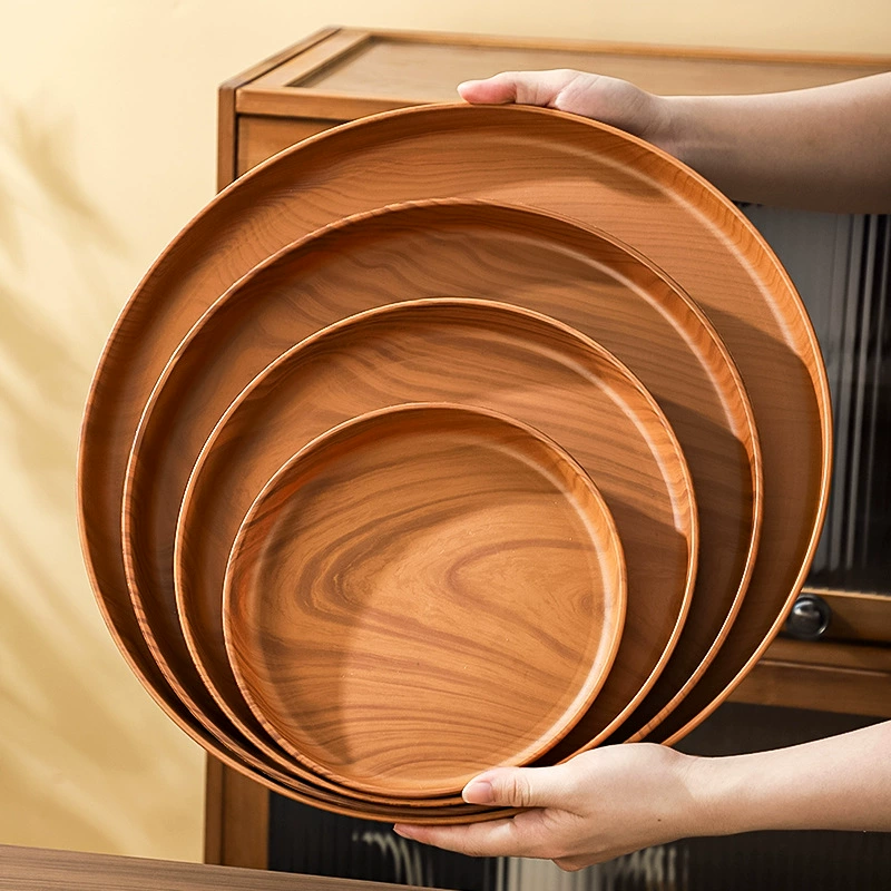 Поднос с имитацией древесины, круглый поднос, пластиковый круглый поднос для чая, бытовой поднос для хранения чашек с водой, поднос для закусок в кафе
