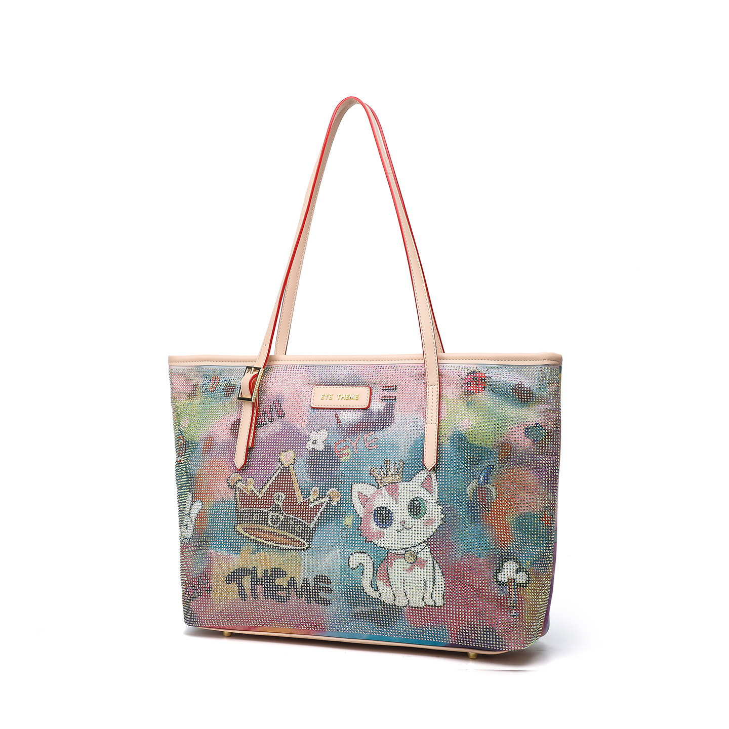 Diseño de dibujos animados impresos de tres piezas para mujeres con diamantes multipropósito bolsas de brazo con cremallera casuales para mujeres 2872 #