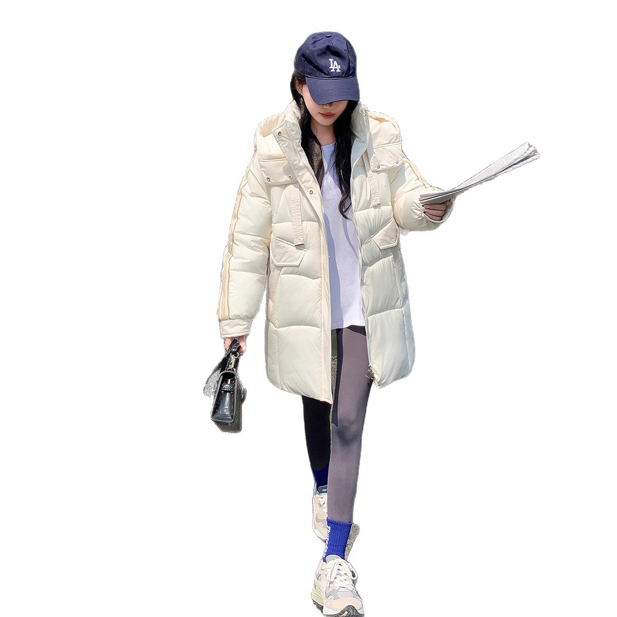 2025 ropa de algodón de estudiantes para mujeres medianas y largas 2025 invierno nuevo estilo casual encapuchado rodilla gruesa chaqueta de algodón abrigo