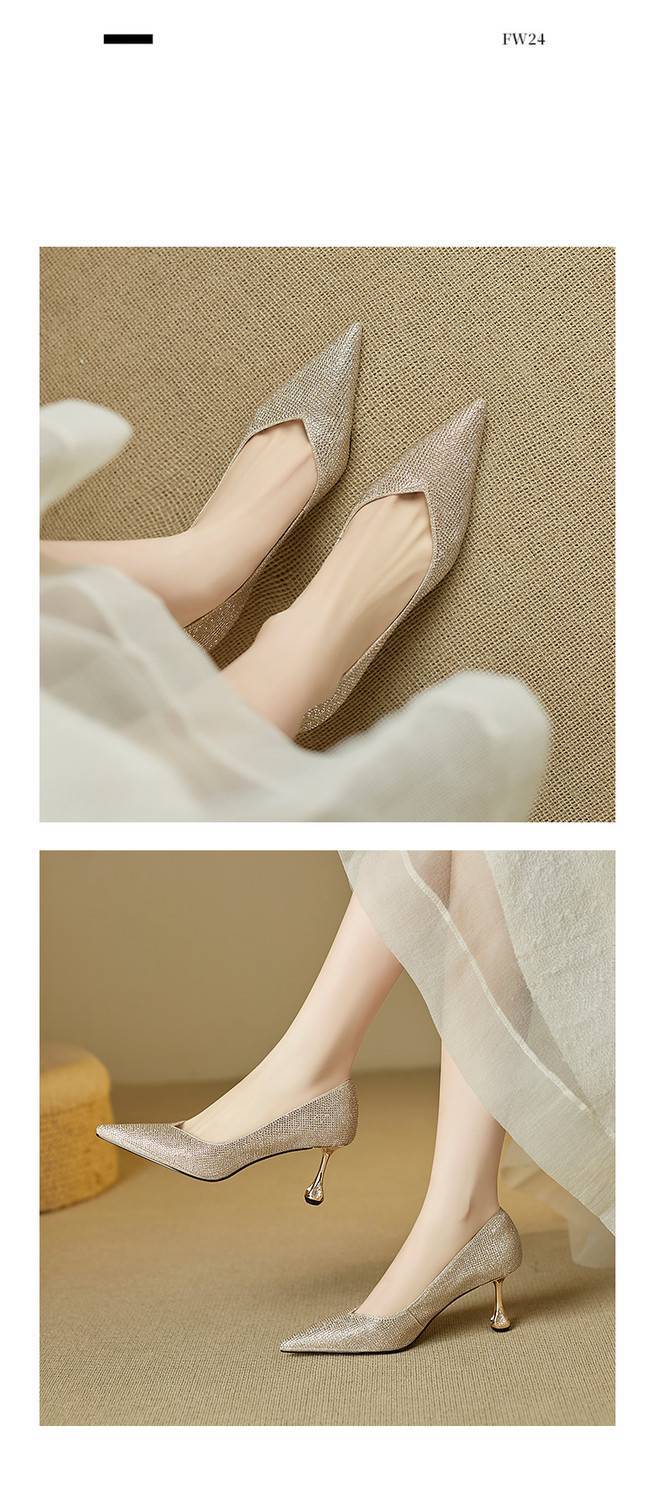 Giày cao gót nữ mũi nhọn gót 9 cm pha lê lấp lánh màu sâm panh — Màu đen chi tiết 12