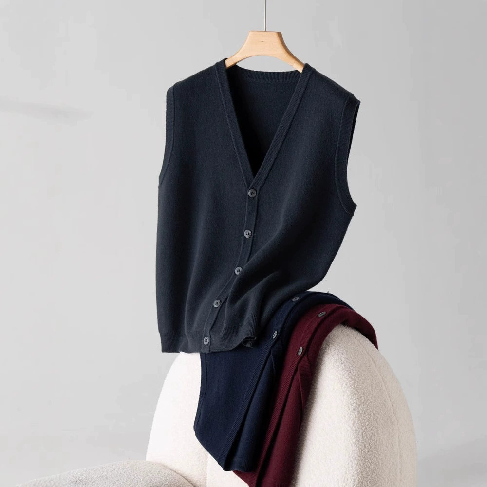 Осенний и зимний новый 100 чистый кашемировый мужской жилет утолщенные плечи воздушный слой V-образный вырез сплошной цвет теплый жилет без рукавов