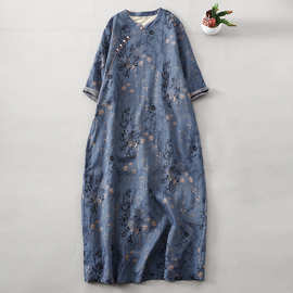 2024日韩现货春夏新款文艺复古印花中袖旗袍连衣裙女