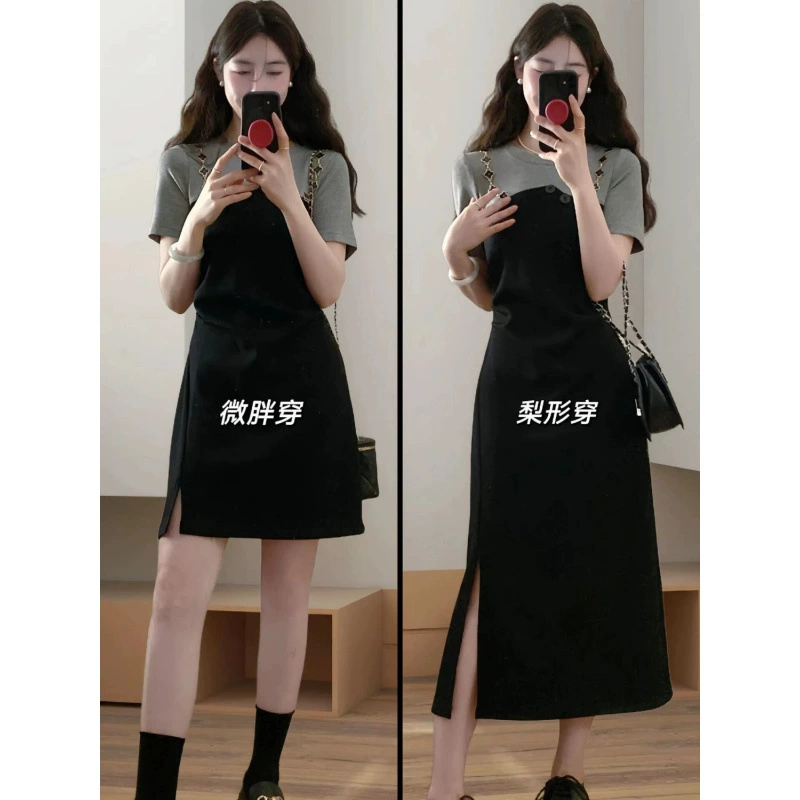Женское летнее платье из двух частей, облегающее талию, новый стиль для слегка полных мм, дизайн сращивания большого размера, маленькое черное платье для похудения, облегающее талию.