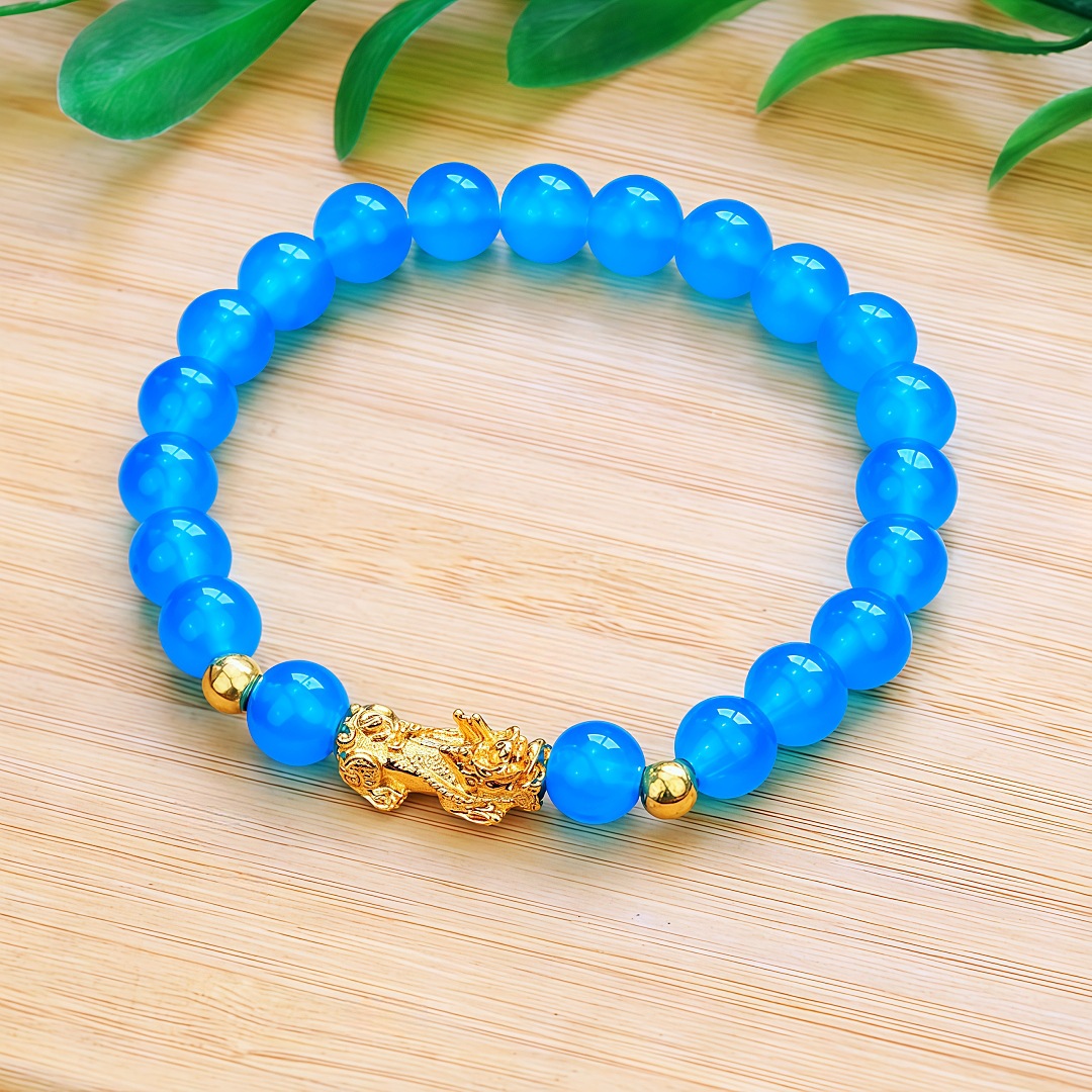 8mm 레이크 블루-싱글 서클 골드 Pixiu 팔찌