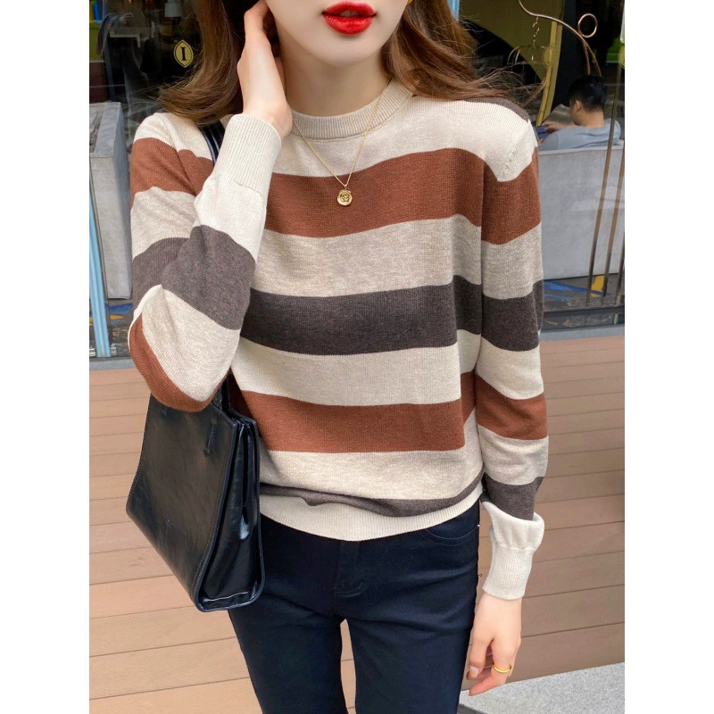 Женская полосатая базовая кофта, тонкий осенне-зимний стиль, новый свободный свитер 2025 года, вязаный топ с длинным рукавом для ранней осени.