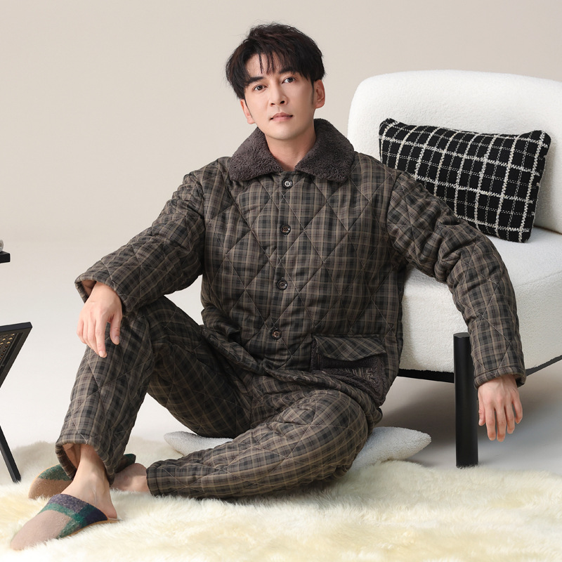 2024 년 새 잠옷 남자 겨울 3 층 두꺼운 면화 기모 가을과 겨울 짠 면화 홈 의류