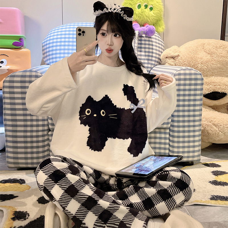 Autumn and Winter Girls' Flannel Cartoon Warm Family Casual Home Round Neck Pajamas Women's Home Clothes Two-Piece Set