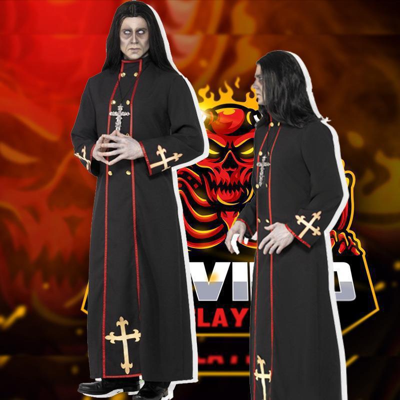 外貿歐美亞馬遜中世紀服飾男士cosplay巫師牧師教士神父長袍套裝