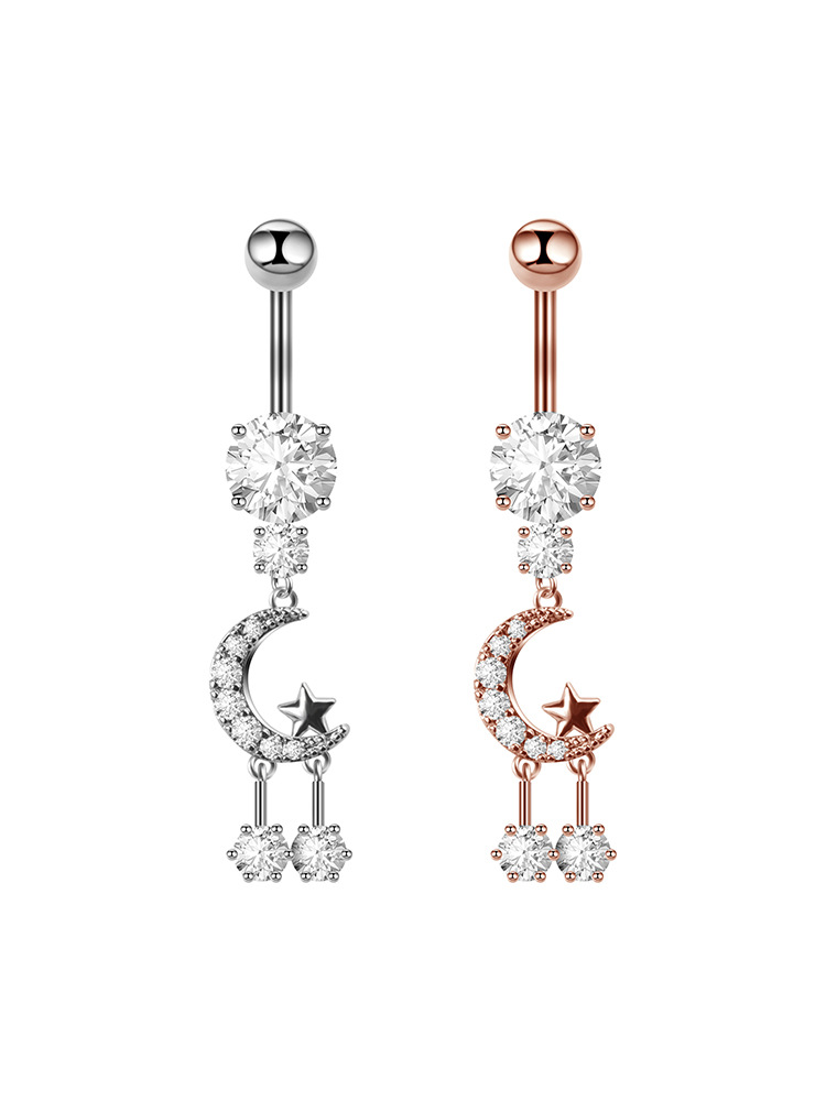 Stainless Steel Moon Zircon Navel Ring With Diamond Details_voghion.com