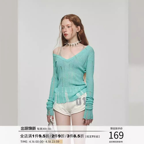 2025 Trendy Small Lattice Relaxed V-Neck Thin Sheer Knit Top with Patches and High Waist