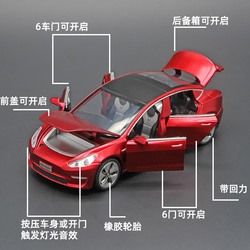 1:32 TES modelo de coche eléctrico MODEL3 modelo de aleación con efecto de sonido de luz Tire hacia atrás coche comiendo pollo