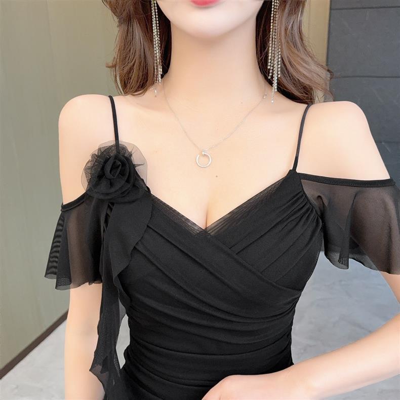 ChicShe Nightclub Sexy scollo a V, spalline in rete scollate, con un senso del design, temperamento mondano, vita aderente,_voghion.com