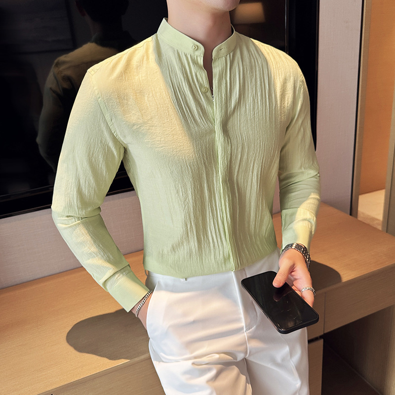 Tiktok Dropshipping Men's New Chinese-Style Stand Collar Pleated Linen Long-Sleeve Shirt Casual Fashion Thin Breathable Sun-Protective Shirt