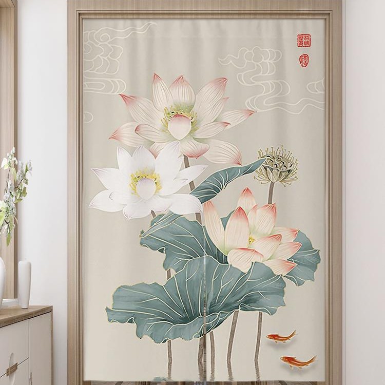 Chinese Lotus Carp Picture Bathroom Door Curtain Entry Feng Shui Half Kitchen Bedroom Lotus Partition Curtain Blocking Curtain