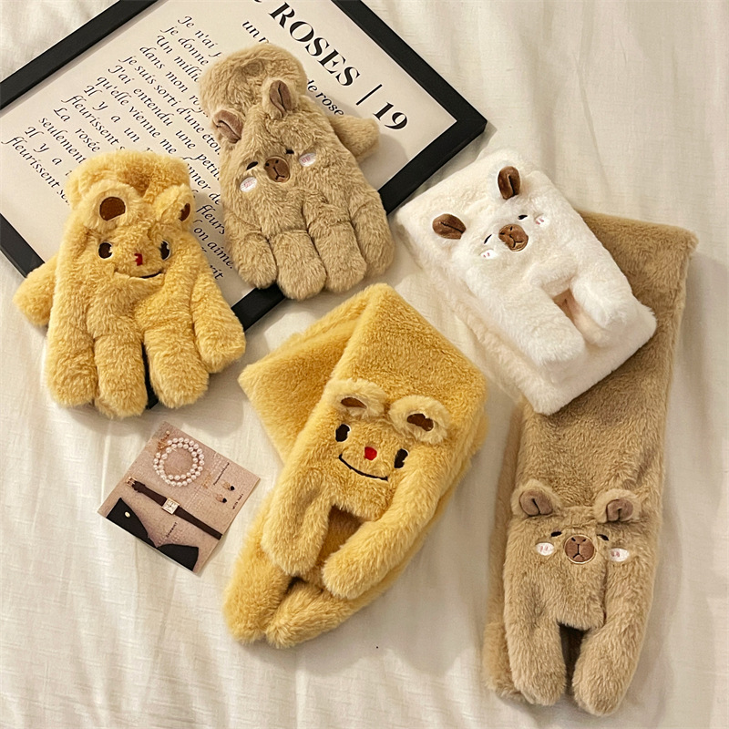Caricatura lindo oso bufandas de peluche mujeres 2024 nuevo otoño y invierno calentamiento grueso guantes de viento a prueba de frío image 4