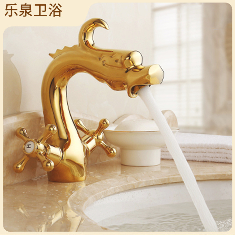 European antique hot and cold faucet dragon shape retro single hole wash basin bathroom gold black basin faucet brass