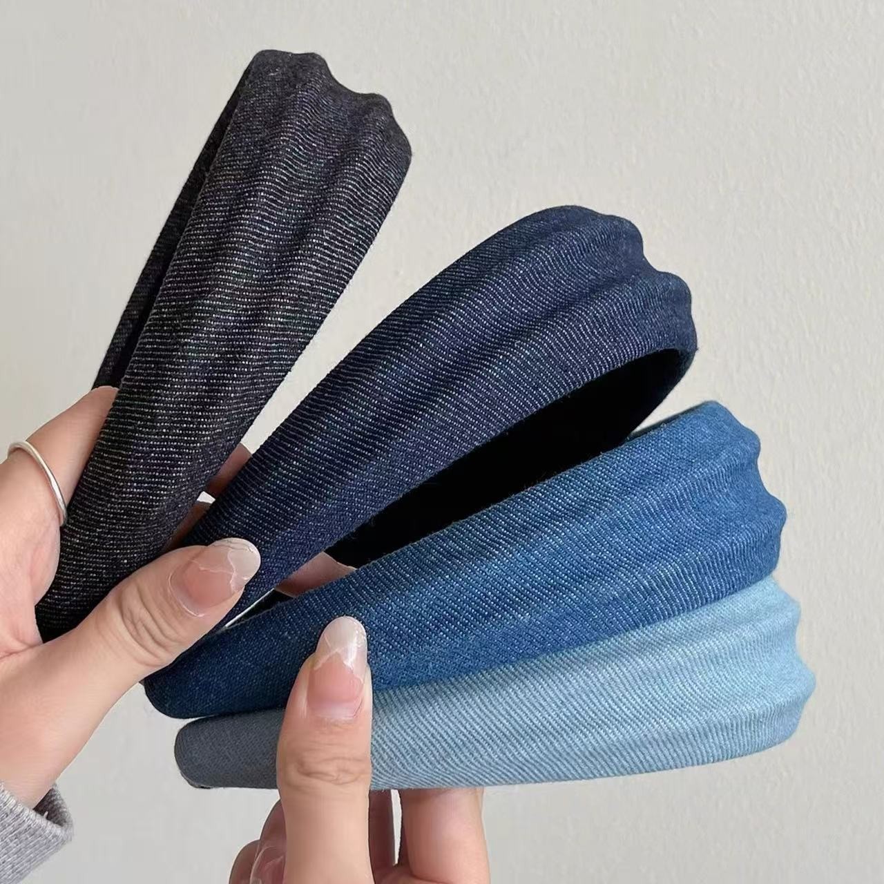 复古牛仔布艺发箍增高颅顶头箍宽边凹凸时尚压发头箍气质发饰搭配