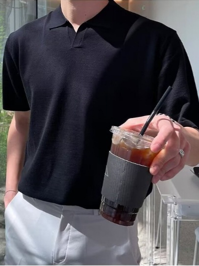 Polo de cercanías suave y ceroso, tejido mezclado de seda de hielo, manga corta, ligero y sedoso, no es fácil de penetrar, camisa de fondo superior coreana