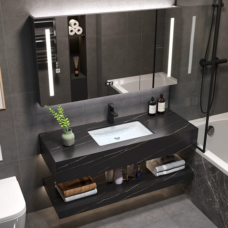Gabinete de baño integrado moderno y simple de tabla de roca lavabo colgado de pared lavabo inteligente lavabo doble capa combinación de gabinete de lavabo