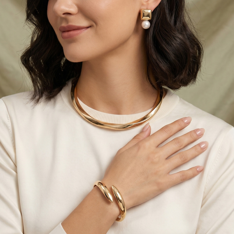 Cross-Border Hot-Selling Light Luxury Heavy Metal Jewelry Set for Women, Pearl Earrings, Unique Exaggerated Geometric Hoop Choker Bracelet