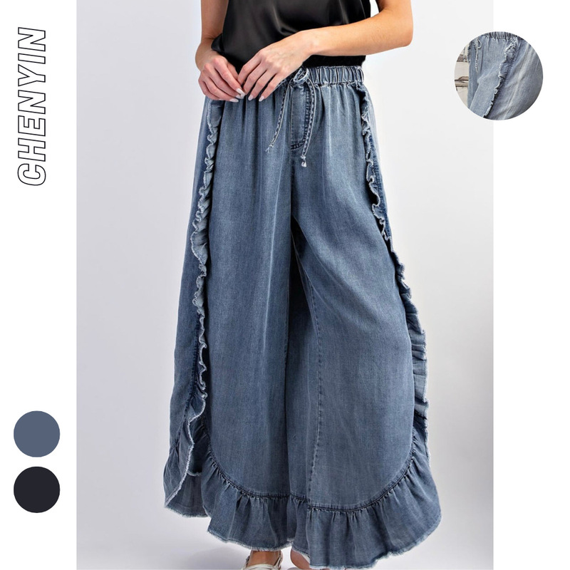 Ins New European and American Women's Spring and Summer Bohemian Style Wash Cotton Denim Ruffled Rouge Horn Trousers