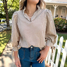 2025年秋季新款套头V领长袖雪纺衫女欧美通勤百搭条纹印花上衣女