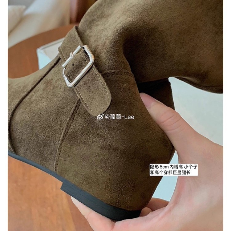 葡萄妈同款 内增高5cm~ 韩系时髦扣带设计堆堆中筒靴女秋冬马丁靴|undefined