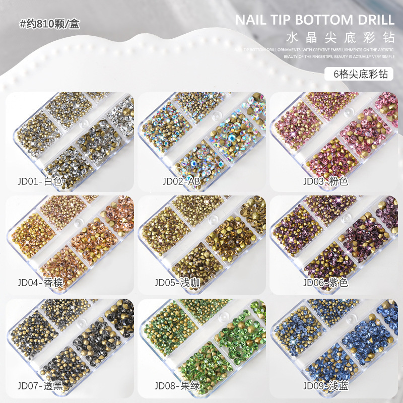 Nail art jewelry gold bottom white diamond AB colored diamond pointed bottom 6 box boxed mixed size nail pointed bottom diamond