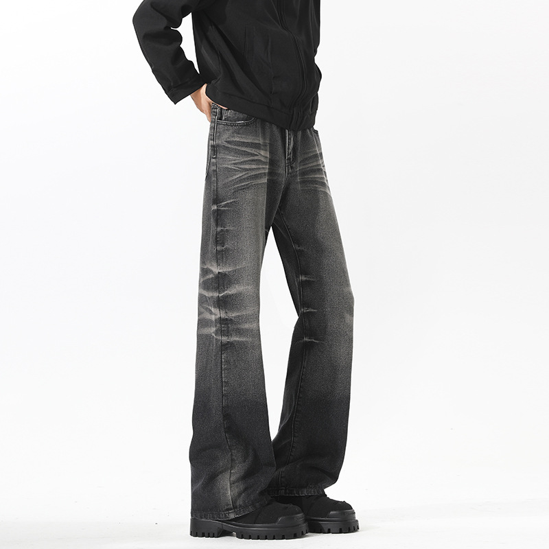 American High Street Vibe Retro Washed Distressed Jeans Men's Trendy Straight Leg Slightly Flared Slim Fit Cleanfit Long_voghion.com